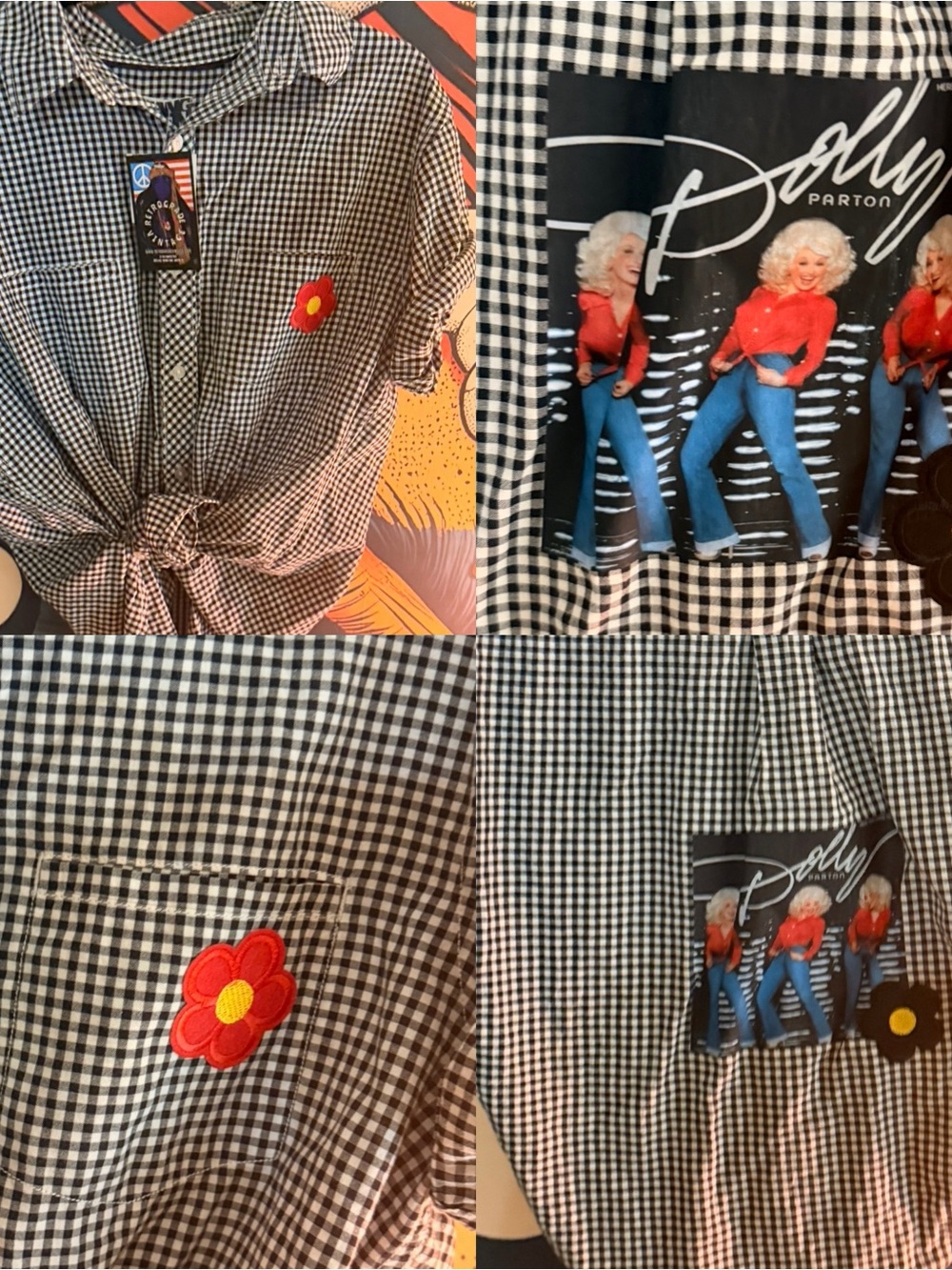 CUSTOM DOLLY PARTON Black & White Gingham VINTAGE TOP SHIRT M/L
